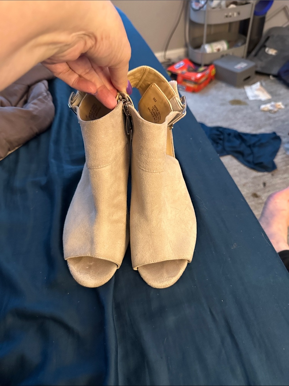 Vaneli Taupe Suede Peep-Toe Ankle Mule Sandals